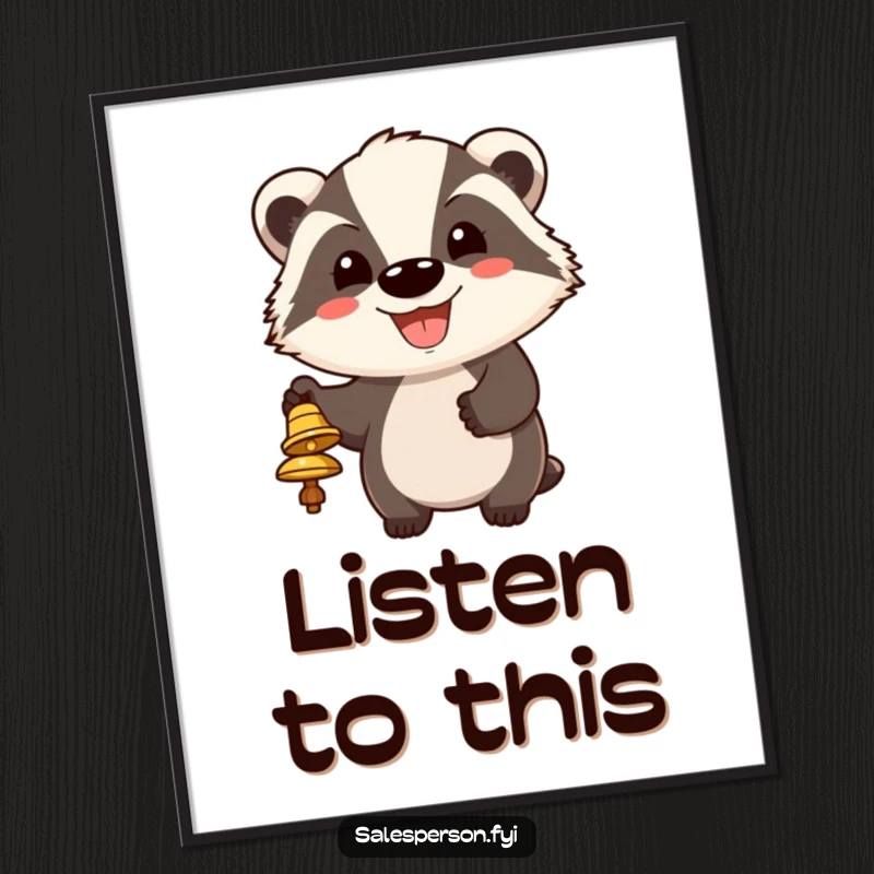 Funny poster of a cheerful badger ringing a bell with an expansive grin, humorously seeking attention.