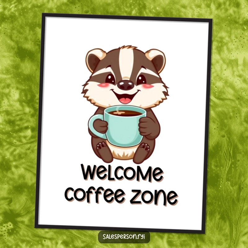 Funny poster of a jovial badger with a welcoming smile, offering a steaming cup of coffee, radiating warmth and cheer.