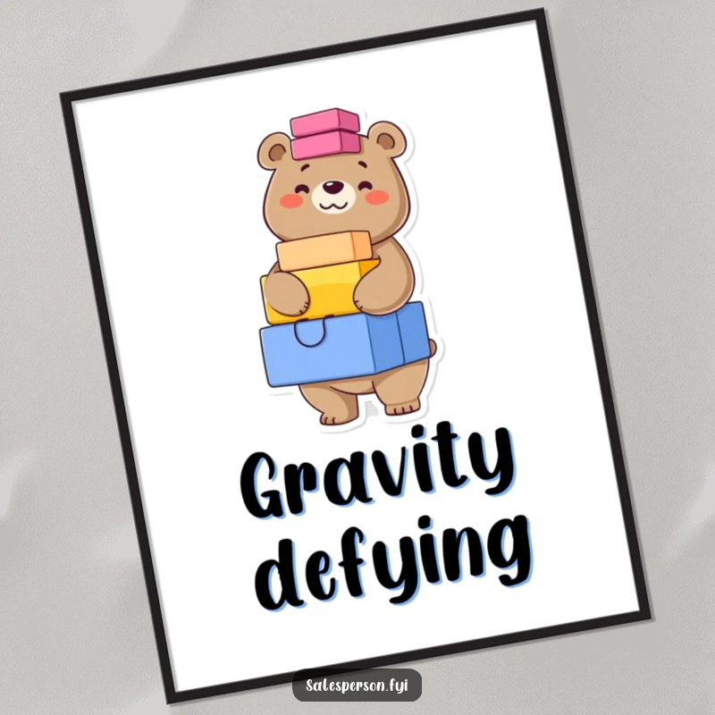 Funny poster of a confident bear grinning while balancing a tall stack of brightly colored boxes, celebrating skill.