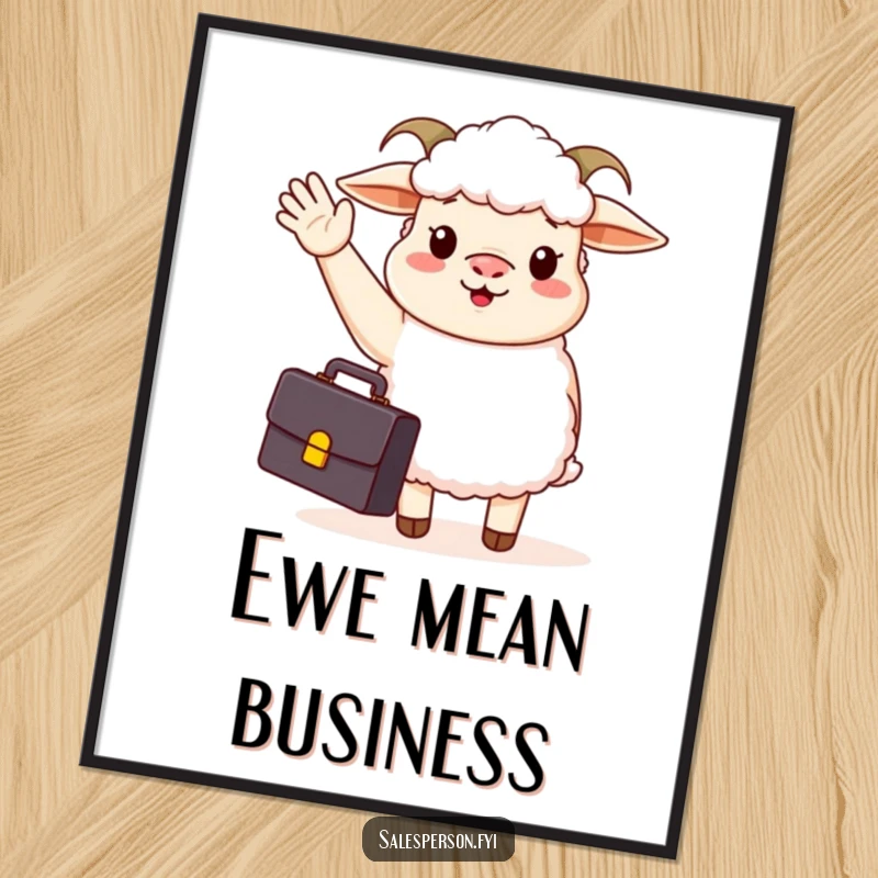Funny poster of a sheep in business attire, briefcase in hand, waving hello enthusiastically, promoting a cheerful work ethic.