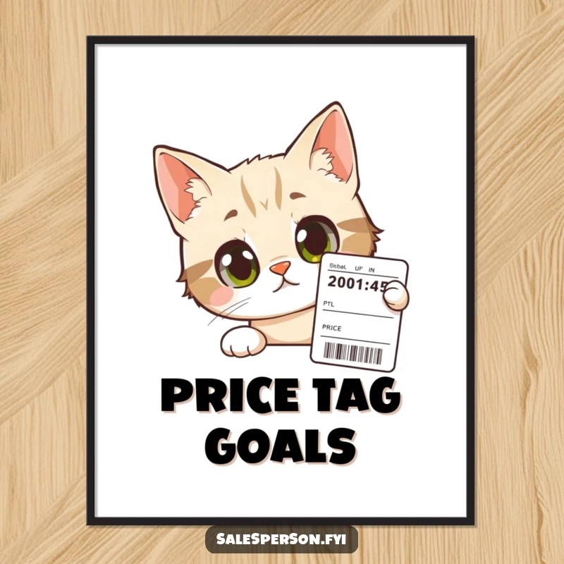 Funny Cat Poster: A curious cat with wide, intrigued eyes intently studies a price tag, perfect for humorous decor.