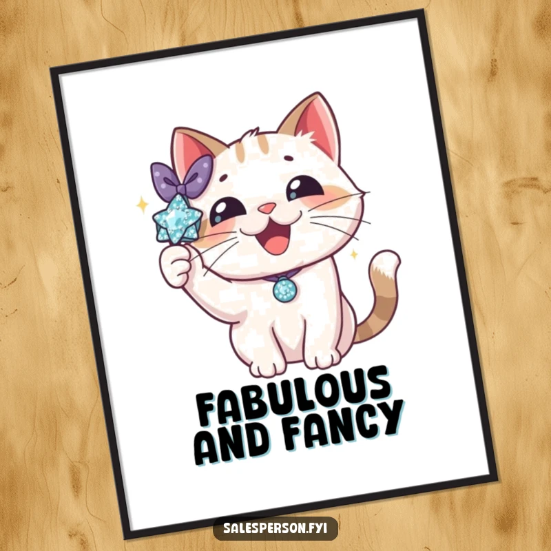 Funny cat poster featuring a delighted cat proudly showcasing a sparkly accessory with a flourish. Glamorous and eye-catching art.