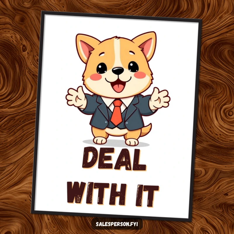 Funny dog business poster showing a cute dog in a suit shaking hands, perfect for adding professional charm.