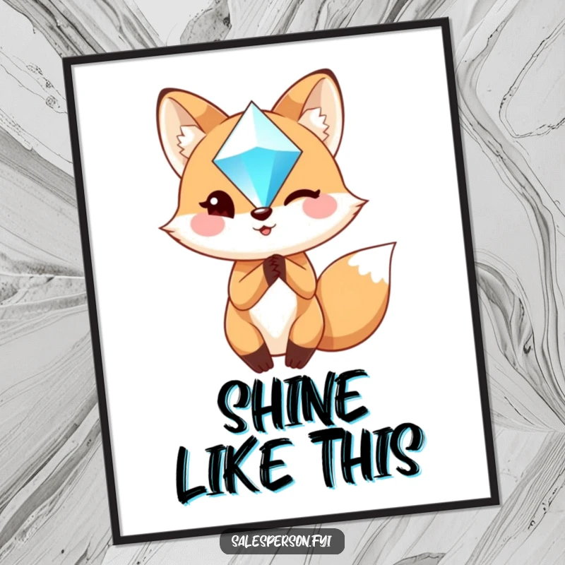 Funny Fox Poster: A charming fox holding a sparkling gem, giving a confident wink, perfect for sophisticated decor.