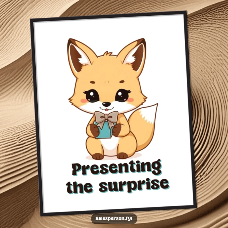 Funny Fox Bowtie Gift Poster: Playful fox in a bowtie presenting a gift, perfect wall decor.
