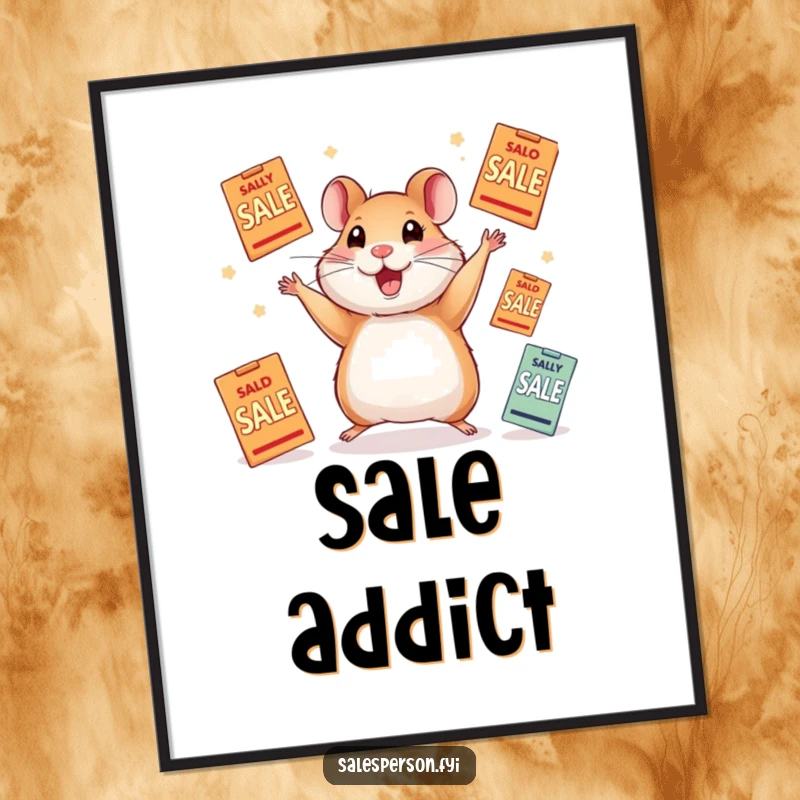 Funny poster showcasing a cute hamster with a delighted expression, perfectly juggling a pile of colorful sale flyers.