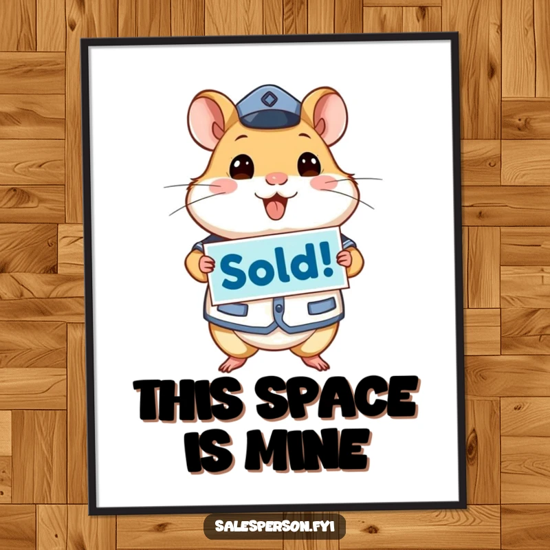 Funny poster art depicting an energetic hamster in uniform holding a 'Sold!' sign, radiating success and determination.