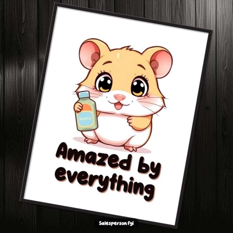 Funny poster print of a curious hamster with wide eyes demonstrating a product, adding enthusiastic charm to wall decor.