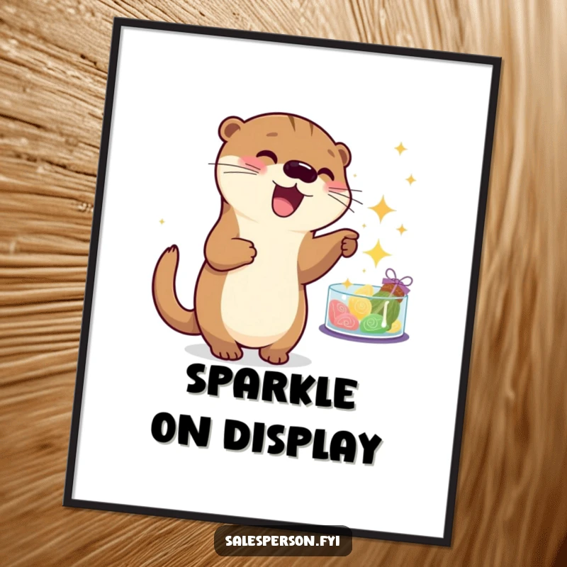 Funny otter poster featuring a playful creature pointing at sparkling merchandise, creating a humorous and exciting artwork. Cute gift.