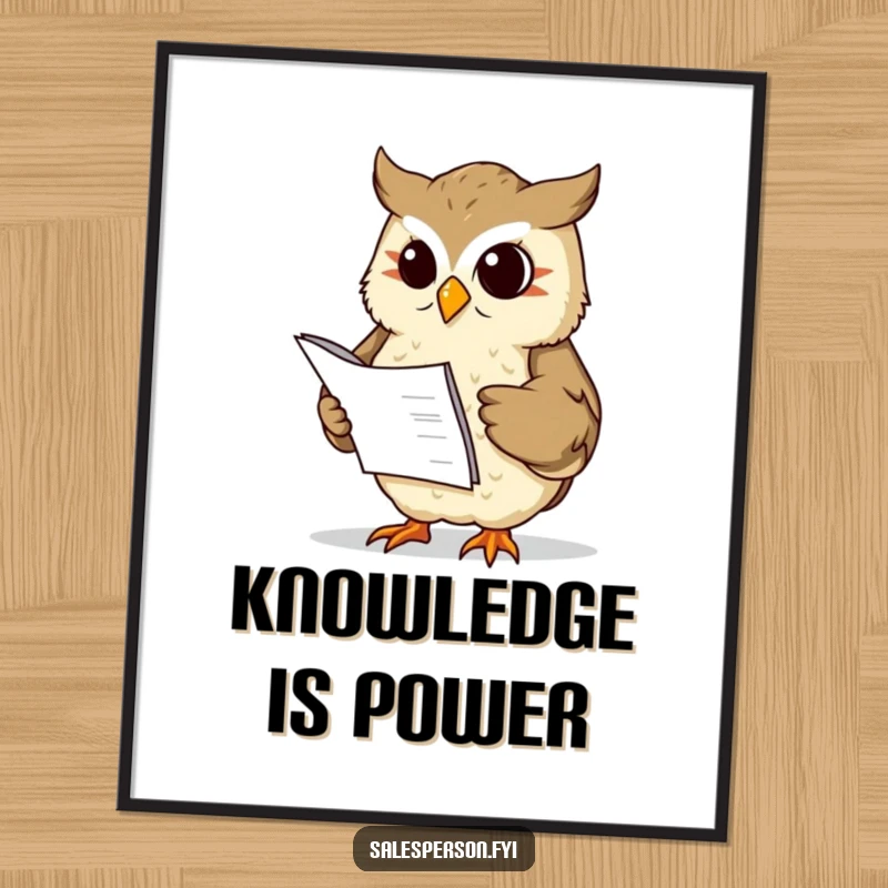 Funny wise owl holding a ledger and looking sagely at the viewer on a poster, a funny gift.