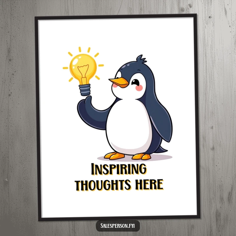 Funny penguin poster depicting a jovial bird making sweeping arm movements while pitching an idea, adding humor to walls.