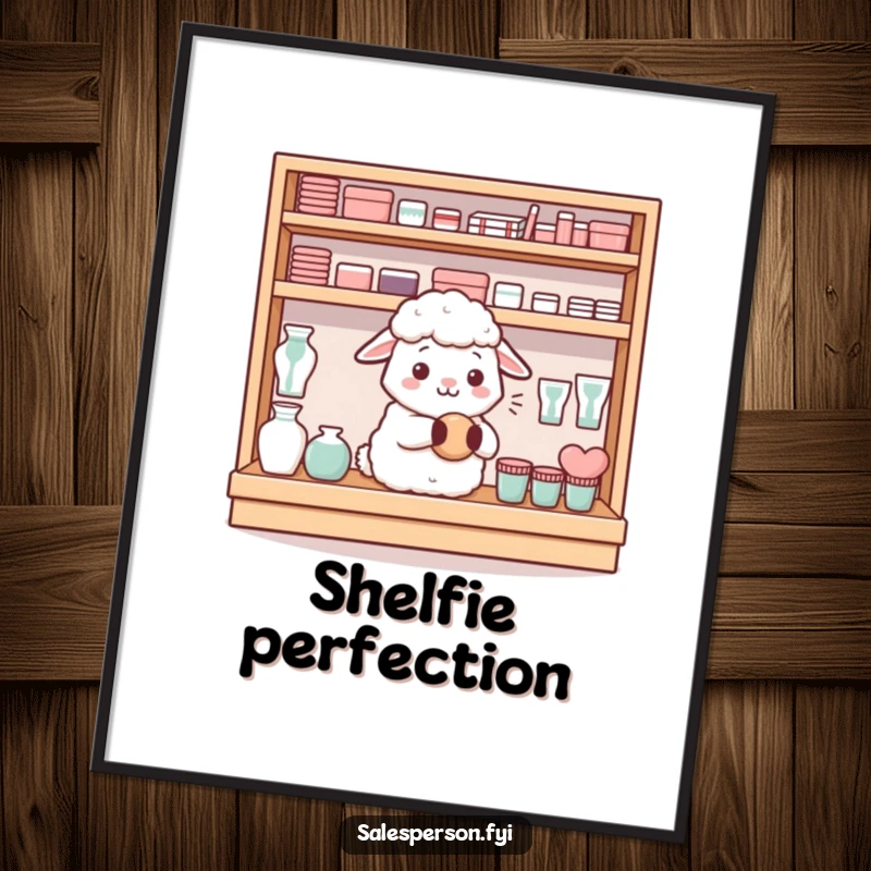 Funny content sheep neatly arranging items on a shelf with a satisfied hum, as a poster, a funny gift.
