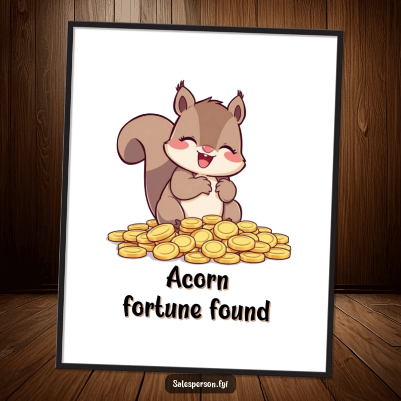 Funny Squirrel Poster, a squirrel counting a pile of shiny coins with glee, a humorous and charming artwork.