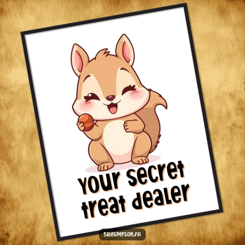 Funny poster print of a delighted squirrel offering a tiny, tempting treat with a wink, creating a charming and humorous wall art piece.