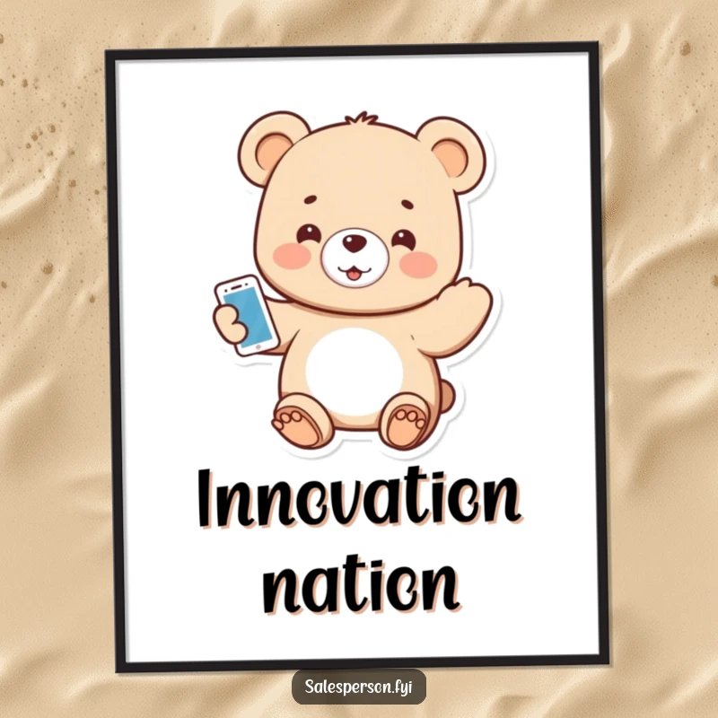 Funny poster displaying a small bear excitedly presenting a shiny, cutting-edge gadget.