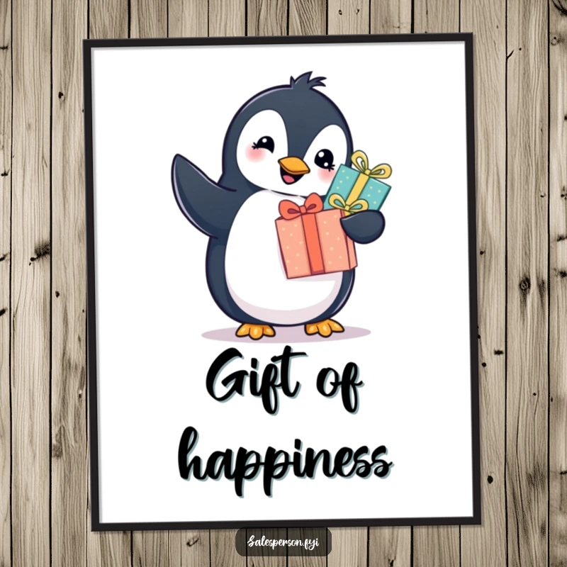 Funny penguin poster featuring a cheerful bird offering a wrapped gift with a twinkle, creating a humorous and heartwarming artwork. Cute gift.