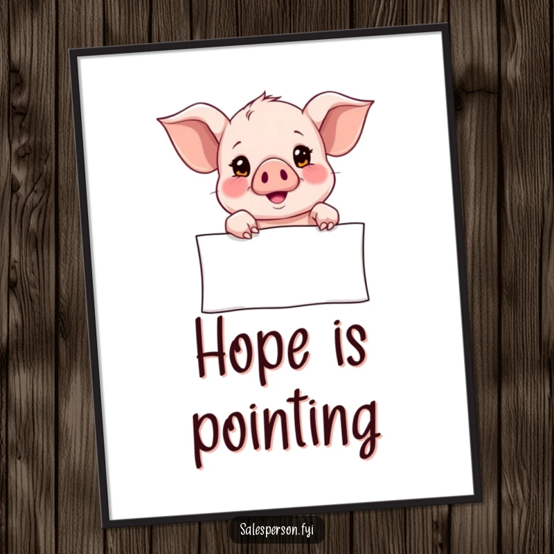 Funny Poster art of a curious piglet pointing towards a banner with a hopeful expression, creating a scene of optimism and aspiration.