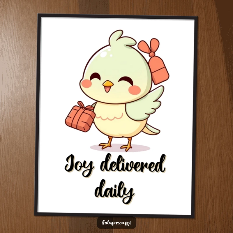Funny poster featuring a cheerful bird character smiling while handing over a small bundle, bringing joy.