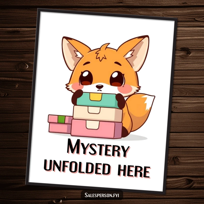 Funny fox poster featuring a surprised fox with wide eyes staring at a stack of brightly colored boxes. Evokes curiosity and joy.