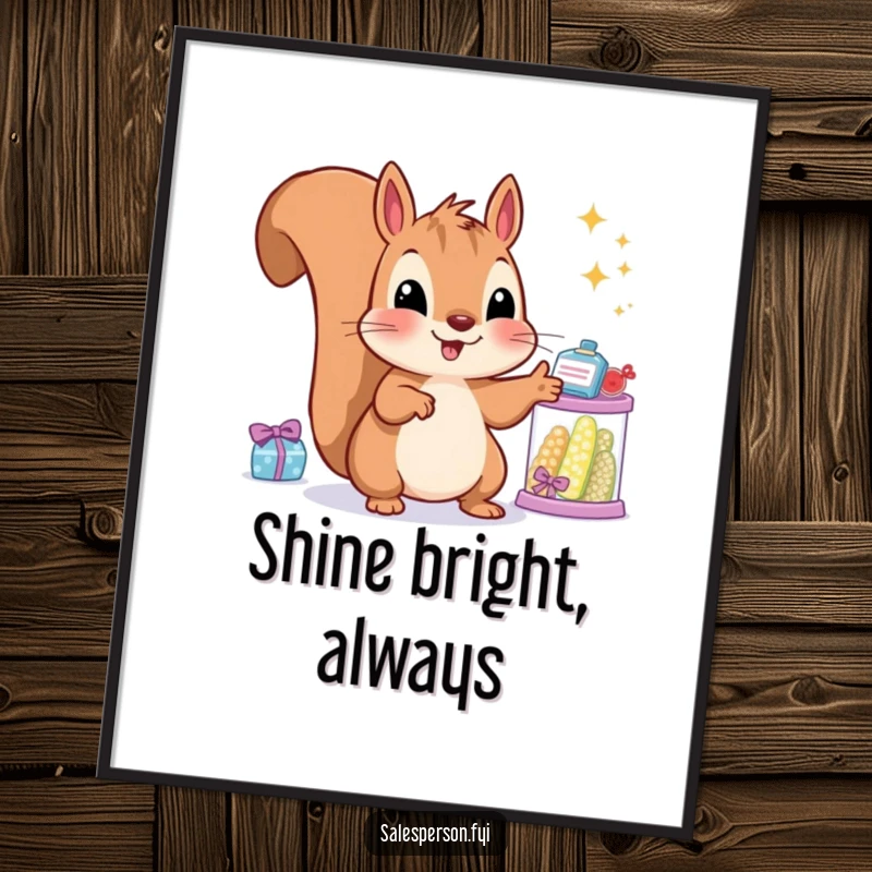 Funny squirrel poster depicting a happy rodent pointing at sparkling goods, adding humorous animal art to any room.