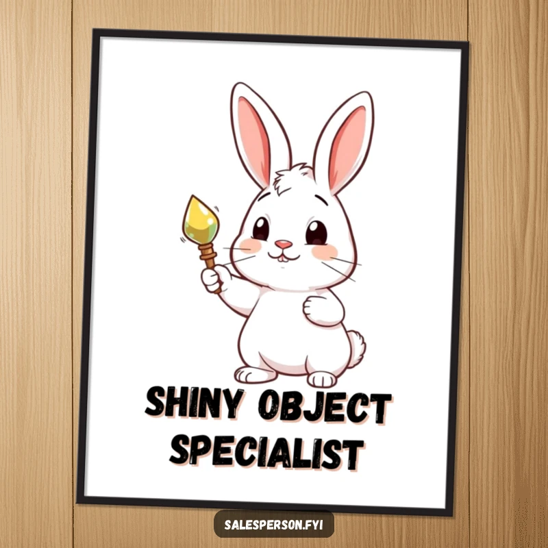 Funny poster print of a curious rabbit proudly presenting a shiny, desirable object, creating a whimsical and proud wall art piece.