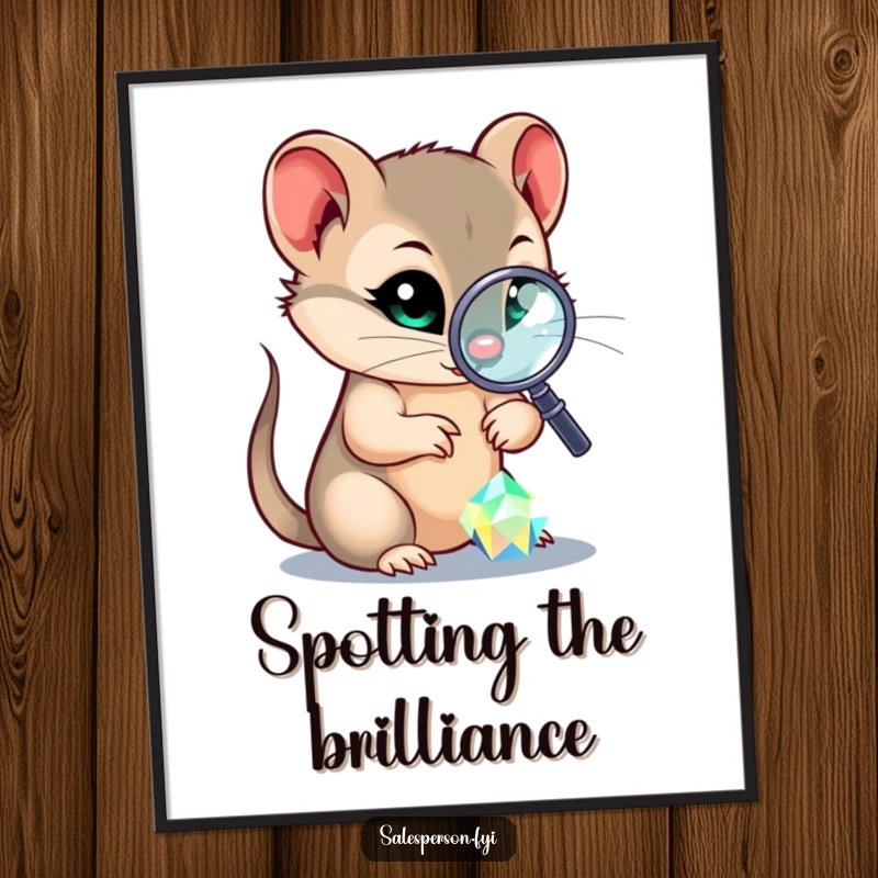 Funny poster art of a sly weasel using a magnifying glass to examine a dazzling, sparkling gem, highlighting meticulous investigation.