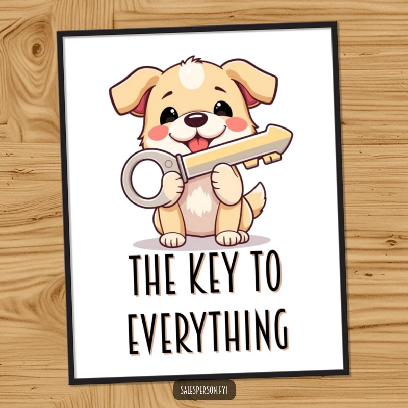 Funny Dog Poster: A beaming dog proudly holds up a large, shiny house key, radiating happiness and the joy of a new home.