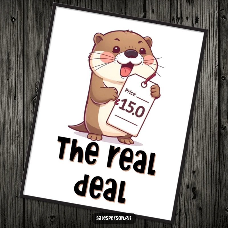 Funny otter poster print, featuring a bubbly otter gesturing with a huge price tag, perfect for humorous wall decor.