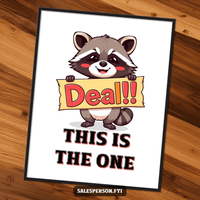Funny poster art of a beaming raccoon holding a large, colorful banner that reads 'Deal!', radiating excitement and opportunity.