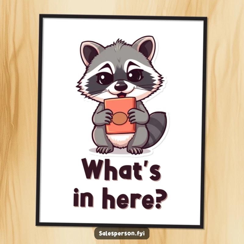 Funny raccoon with a sly smile presenting a quirky, disguised product on a poster, a funny gift.