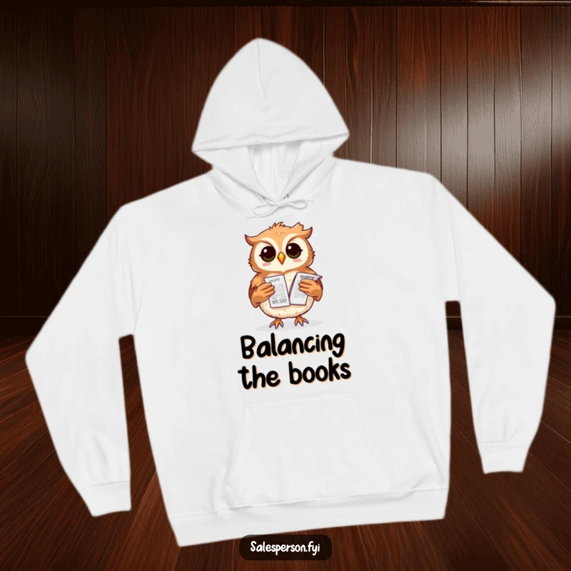 Funny owl hoodie with a proud rodent balancing a stack of sales receipts, ideal for cozy, humorous wear.