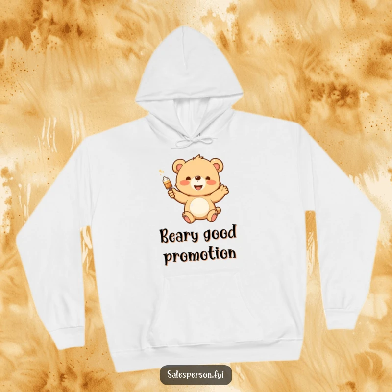 Funny hoodie with an enthusiastic bear cub demonstrating a product with a flourish, offering cozy comfort and playful vibes.