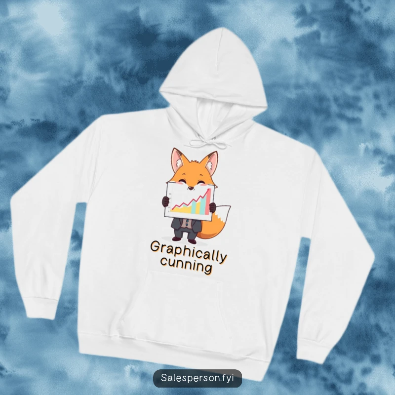 Funny hoodie with a dapper fox in a suit holding up a large, colorful, upward-sloping graph, indicating smarts.