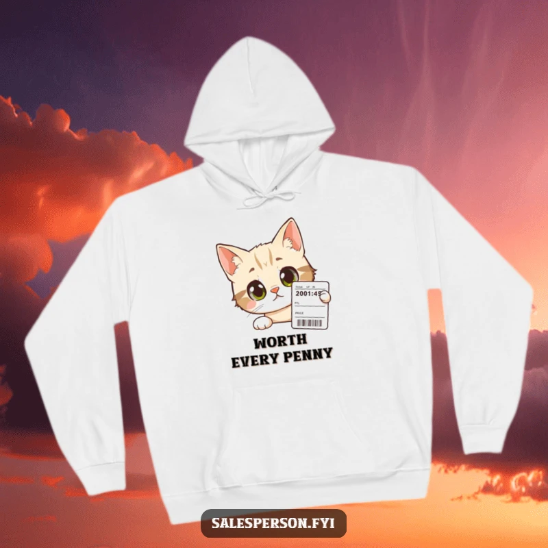 Funny Cat Hoodie: A curious cat with wide, intrigued eyes peers at a price tag, perfect for cozy, witty style.