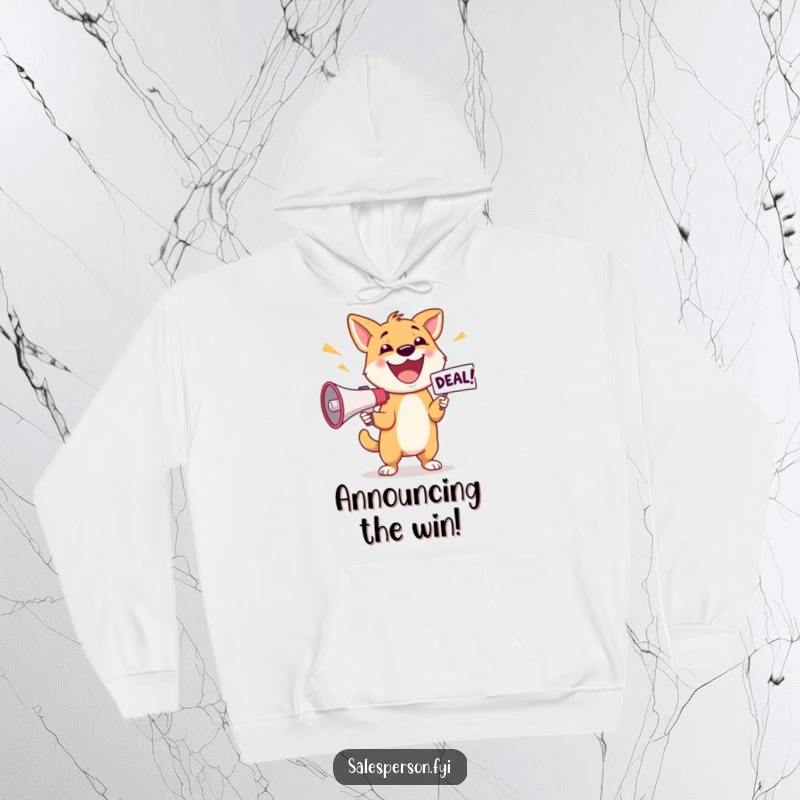 Funny Dog Deal Hoodie: Happy dog excitedly announcing a deal with a megaphone, perfect cozy gift.