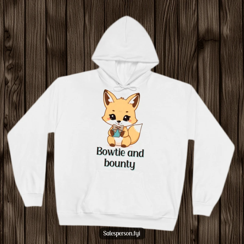 Funny Fox Bowtie Gift Hoodie: Playful fox in a bowtie presenting a gift, perfect cozy gift.