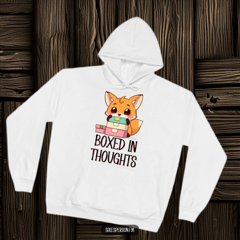 Funny fox hoodie depicting a surprised fox with wide eyes looking at a pile of colorful boxes. Cozy and intriguing apparel.