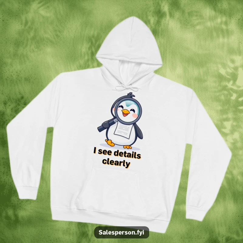 Funny hoodie showcasing a joyful penguin holding a large magnifying glass to a document, offering warmth and detective-themed humor.
