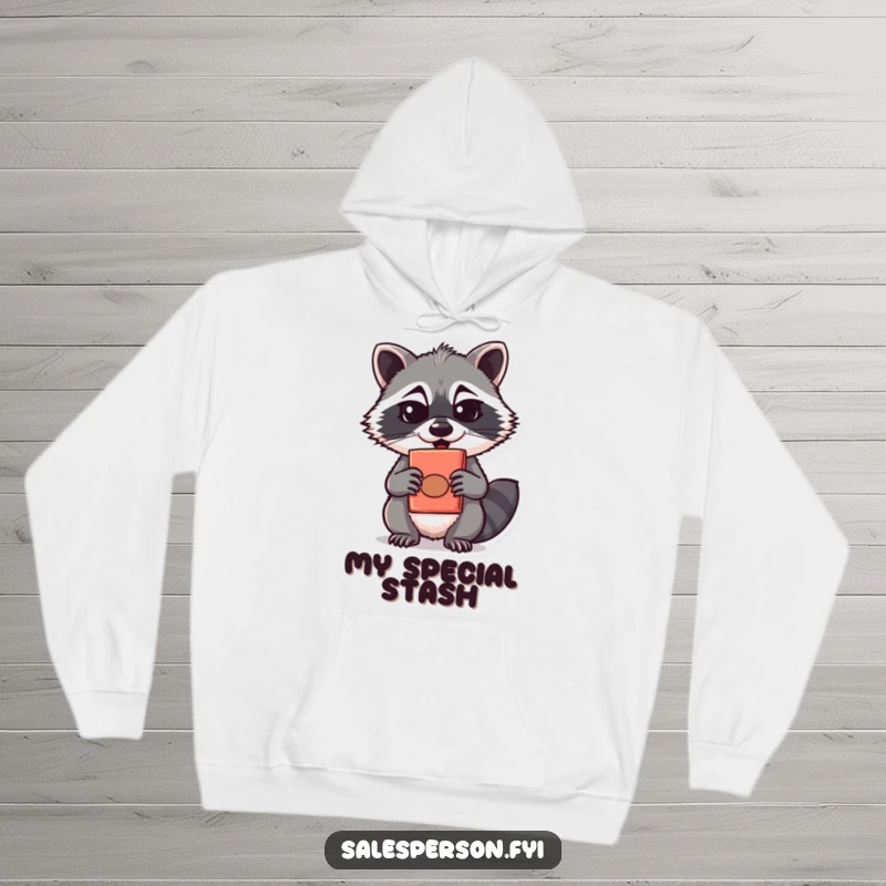 Funny raccoon with a sneaky grin holding a disguised oddity, featured on a cozy hoodie, a funny gift.
