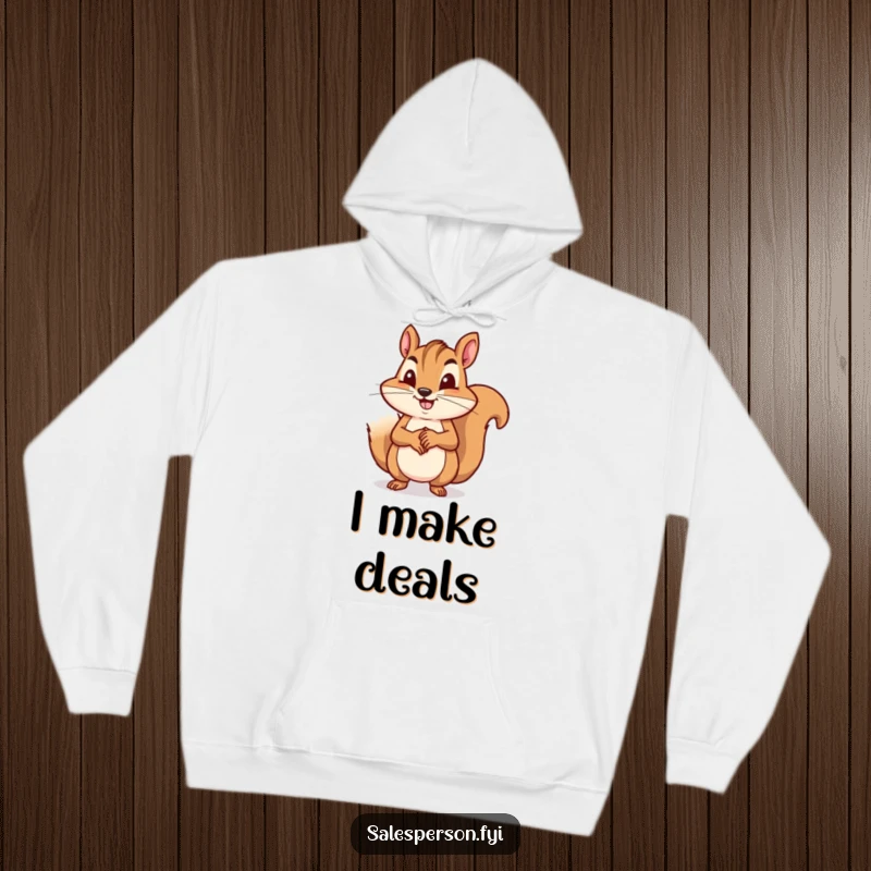 Funny squirrel sealing a business pact with a handshake, depicted on a warm hoodie, a great funny gift.