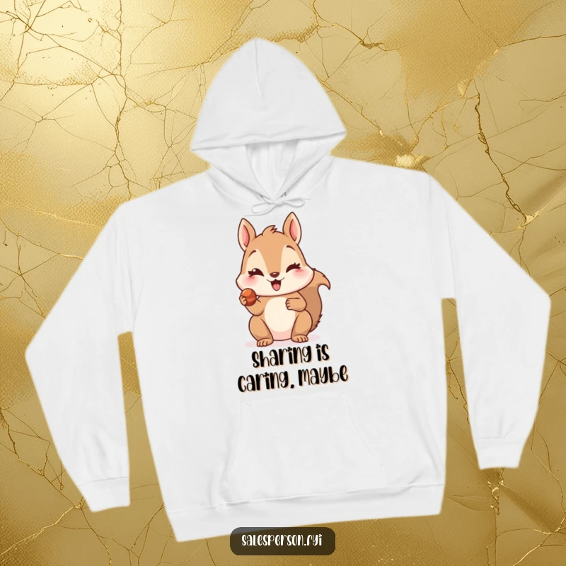 Funny hoodie featuring a delighted squirrel offering a tiny, tempting treat with a wink, providing cozy comfort and a hint of mischief.
