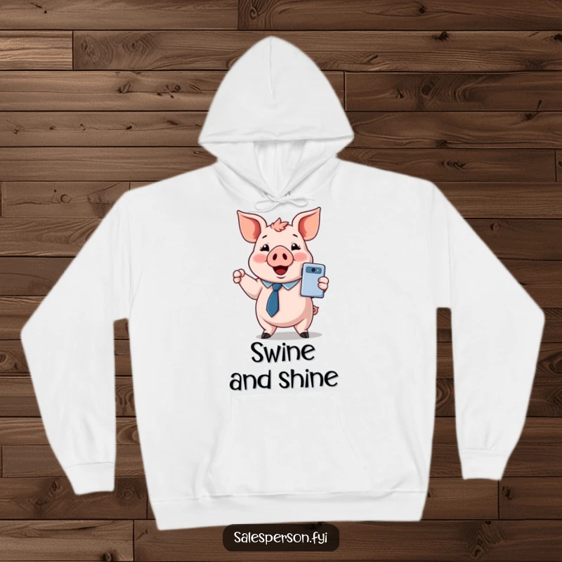 Funny hoodie with a smiling pig in a tie, holding up and presenting a shiny gadget with enthusiasm.