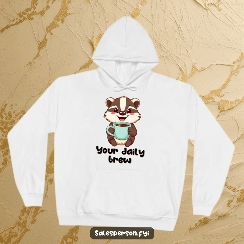 Funny hoodie featuring a jovial badger with a welcoming smile, holding a steaming cup of coffee, offering ultimate comfort.