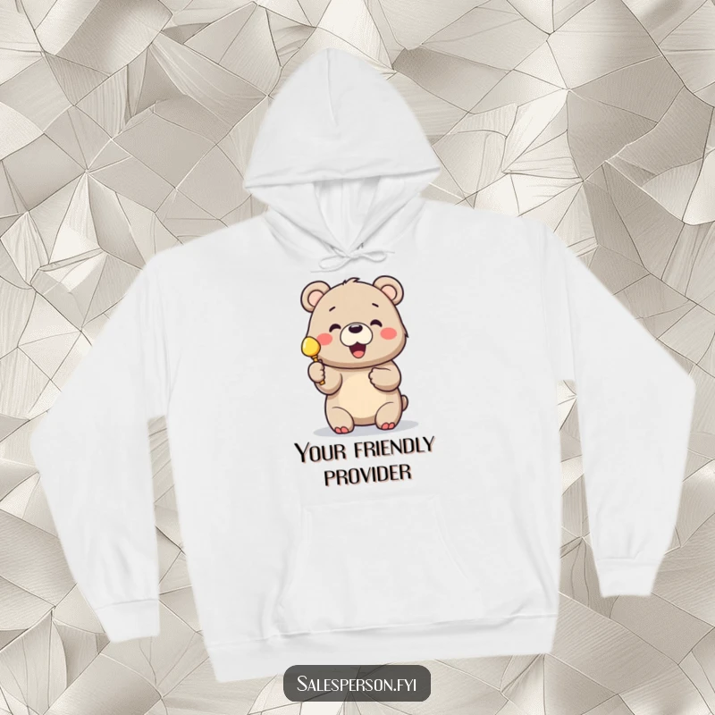 Funny and cozy hoodie with a cheerful bear enthusiastically holding a shiny object, ready to please.