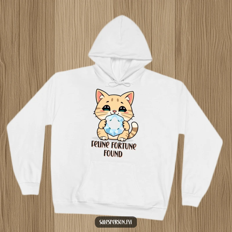 Funny cat hoodie featuring a cheerful cat holding a giant sparkly gem, perfect for staying warm and fabulous.