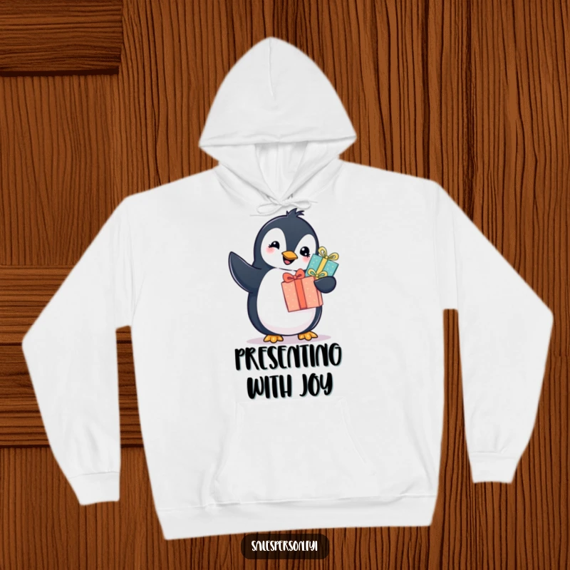 Funny penguin hoodie with a cheerful bird offering a wrapped gift with a twinkle, perfect for cozy, humorous gifting. Cute gift.