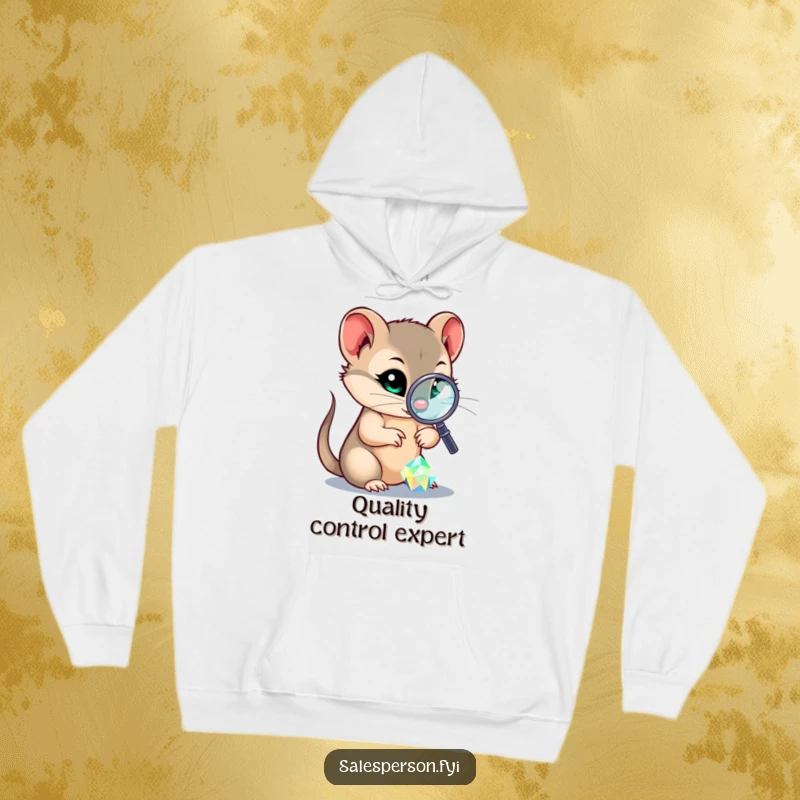 Funny hoodie showing a sly weasel with a magnifying glass examining a brilliant sparkling gem, symbolizing sharp intellect.