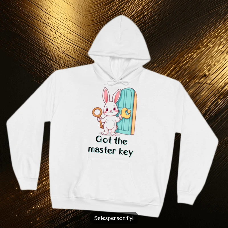 Funny hoodie depicting a rabbit holding a large key and pointing to a hidden door, perfect for cozy exploration, a funny gift.