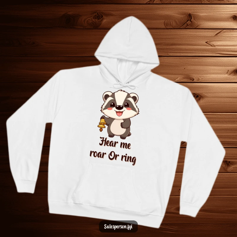 Funny hoodie depicting a grinning badger enthusiastically ringing a bell to gain attention with its funny, cheerful spirit.