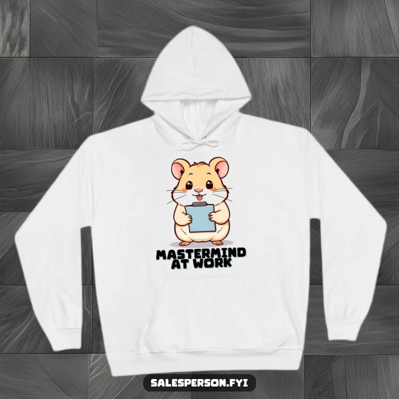 Funny hamster in a miniature suit holding a clipboard, looking intensely organized, featured on a cozy hoodie.